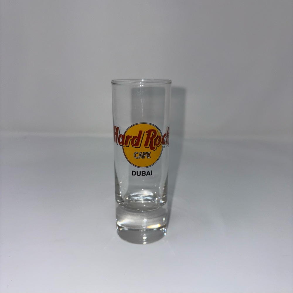 Hard Rock Cafe Dubai HRC Clear Shot Glass with Red and Yellow Logo 4” Tall